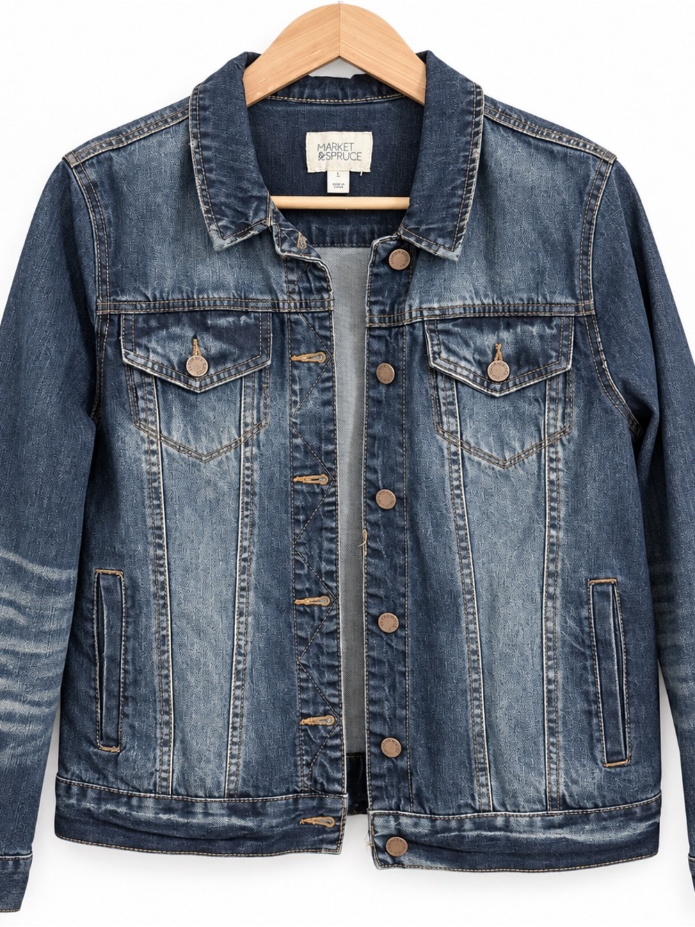 Market & Spruce Distressed Denim Jacket Size L Stretch Back Panel
